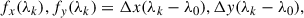 Mathematical equation: $$ \begin{aligned} f_x(\lambda _k), f_y(\lambda _k) = \Delta x (\lambda _k-\lambda _0), \Delta y (\lambda _k-\lambda _0), \end{aligned} $$