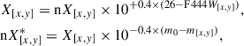 Mathematical equation: $$ \begin{aligned} \begin{split}&X_{[x,y]} = \mathrm{n} X_{[x,y]} \times 10^{+0.4\times (26-\mathrm F444W_{[x,y]})} ,\\&\mathrm{n} X^*_{[x,y]} = X_{[x,y]} \times 10^{-0.4\times (m_0-m_{[x,y]})}, \end{split} \end{aligned} $$