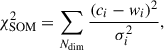 Mathematical equation: $$ \begin{aligned} \chi ^2_{\rm SOM} = \sum _{N_{\rm dim}} \frac{(c_i-w_i)^2}{\sigma _i^2} ,\end{aligned} $$