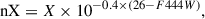 Mathematical equation: $$ \begin{aligned} \mathrm {nX} =X \times 10^{-0.4\times (26-F444W)}, \end{aligned} $$
