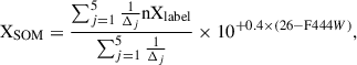 Mathematical equation: $$ \begin{aligned} \mathrm{X_{SOM}} = \frac{\sum _{j = 1}^5 \frac{1}{\Delta _j} \mathrm {nX_{label}}}{\sum _{j = 1}^5\frac{1}{\Delta _j}}\times 10^{+0.4\times (26-\mathrm F444W)}, \end{aligned} $$