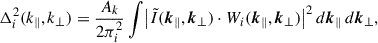 Mathematical equation: $$ \begin{aligned} \Delta _i^2(k_\parallel , k_\perp ) = \frac{A_k}{2\pi _i^2} \int \bigl |\tilde{I}({{\boldsymbol{k}}_\parallel }, {{\boldsymbol{k}}_\perp }) \cdot W_i({{\boldsymbol{k}}_\parallel }, {{\boldsymbol{k}}_\perp })\bigr |^2 \, d{{\boldsymbol{k}}_\parallel }\,d{{\boldsymbol{k}}_\perp }, \end{aligned} $$