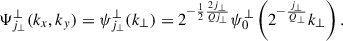 Mathematical equation: $$ \begin{aligned} \Psi ^{\perp }_{j_{\perp }}({k_{x}},{k_{y}}) = \psi ^{\perp }_{j_{\perp }}(k_\perp )&= 2^{-\frac{1}{2}\frac{2j_{\perp }}{Qj_{\perp }}}\psi ^{\perp }_0 \left(2^{-\frac{j_{\perp }}{Q_{\perp }}}k_\perp \right). \end{aligned} $$