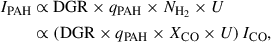 Mathematical equation: $$ \begin{aligned} I_{\rm PAH}&\propto \mathrm{DGR} \times q_\mathrm{PAH} \times N_{\rm H_2}\times U \\&\propto \left(\mathrm{DGR} \times q_\mathrm{PAH} \times X_\mathrm{CO} \times U \right)I_{\rm CO},\nonumber \end{aligned} $$