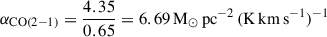 Mathematical equation: $ \alpha_{\mathrm{CO(2-1)}} = \frac{4.35}{0.65} = 6.69\, \mathrm{M}_\odot\,\mathrm{pc}^{-2}\,(\mathrm{K\,km\,s}^{-1})^{-1} $