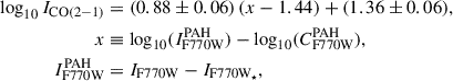 Mathematical equation: $$ \begin{aligned} \log _{10} I_\mathrm{CO(2-1)}&= (0.88 \pm 0.06)\,(x - 1.44) + (1.36 \pm 0.06), \\ x&\equiv \log _{10}(I^\mathrm{PAH} _{\rm F770W}) - \log _{10}(C_\mathrm{F770W} ^\mathrm{PAH} ),\nonumber \\ I^\mathrm{PAH} _{\rm F770W}&= I_{\rm F770W} - I_{\rm F770W_{\star }},\nonumber \end{aligned} $$