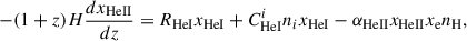 Mathematical equation: $$ \begin{aligned} -(1+z)H\frac{dx_{\rm HeII}}{dz}&=R_{\rm HeI}x_{\rm HeI}+C^i_{\rm HeI} n_i x_{\rm HeI}-\alpha _{\rm HeII}x_{\rm HeII}x_{\rm e}n_{\rm H}, \end{aligned} $$