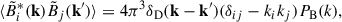 Mathematical equation: $$ \begin{aligned} \langle \tilde{B}^*_i(\mathbf k )\tilde{B}_j(\mathbf k^{\prime } )\rangle =4\pi ^3\delta _{\rm D}(\mathbf k -\mathbf k^{\prime } )(\delta _{ij}-k_ik_j)P_{\rm B}(k), \end{aligned} $$