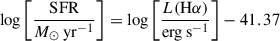 Mathematical equation: $$ \begin{aligned} \log \bigg [\frac{\mathrm{SFR} }{M_{\odot }\,\mathrm{yr}^{-1}}\bigg ] = \log \bigg [\frac{L(\mathrm{H} \alpha )}{\mathrm{erg\,s}^{-1}}\bigg ] - 41.37 \end{aligned} $$