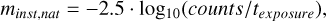 Mathematical equation: $m_{\text {inst,nat }}=-2.5 \cdot \log _{10}\left(\text { counts } / t_{\text {exposure }}\right),$