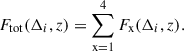 Mathematical equation: $$ \begin{aligned} F_{\rm tot}(\Delta _i, z) = \sum _{\rm x = 1}^{4} F_{\rm x}(\Delta _i, z). \end{aligned} $$