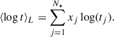 Mathematical equation: $$ \begin{aligned} \langle \log t\rangle _L = \sum _{j = 1}^{N_{\star }} x_j \log (t_j). \end{aligned} $$