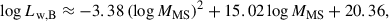 Mathematical equation: $$ \begin{aligned} \log L_\mathrm{w, B} \approx -3.38 \left(\log M_\mathrm{MS} \right)^2 + 15.02 \log M_\mathrm{MS} + 20.36, \end{aligned} $$
