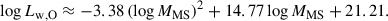 Mathematical equation: $$ \begin{aligned} \log L_\mathrm{w, O} \approx -3.38 \left(\log M_\mathrm{MS} \right)^2 + 14.77 \log M_\mathrm{MS} + 21.21. \end{aligned} $$