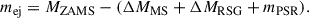 Mathematical equation: $$ \begin{aligned} m_\mathrm{ej} = M_\mathrm{ZAMS} - (\Delta M_\mathrm{MS} + \Delta M_\mathrm{RSG} + m_\mathrm{PSR} ). \end{aligned} $$