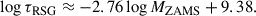 Mathematical equation: $$ \begin{aligned} \log \tau _\mathrm{RSG}&\approx -2.76 \log M_\mathrm{ZAMS} + 9.38. \end{aligned} $$