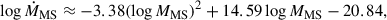Mathematical equation: $$ \begin{aligned} \log \dot{M}_\mathrm{MS}&\approx -3.38 (\log M_\mathrm{MS} )^2 + 14.59 \log M_\mathrm{MS} - 20.84, \end{aligned} $$