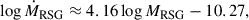 Mathematical equation: $$ \begin{aligned} \log \dot{M}_\mathrm{RSG}&\approx 4.16 \log M_\mathrm{RSG} - 10.27, \end{aligned} $$