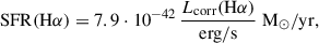 Mathematical equation: $$ \begin{aligned} \mathrm{SFR(H\alpha )} = 7.9 \cdot 10 ^{-42} \, \frac{L_{\rm corr}(\mathrm{H\alpha })}{\mathrm{erg/s}}\; \mathrm{M_{\odot }/yr}, \end{aligned} $$