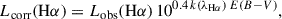 Mathematical equation: $$ \begin{aligned} L_{\rm corr}(\mathrm{H\alpha }) = L_{\rm obs}(\mathrm{H\alpha })\, 10^{0.4 \, k(\lambda _{\rm H\alpha }) \, E(B-V)}, \end{aligned} $$