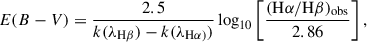 Mathematical equation: $$ \begin{aligned} E(B-V) = \dfrac{2.5}{k(\lambda _{\rm H\beta }) - k(\lambda _{\rm H\alpha )})} \, {\log }_{10} \left[\frac{(\mathrm{H}\alpha /\mathrm{H}\beta )_{\rm obs}}{2.86}\right], \end{aligned} $$