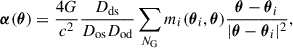 Mathematical equation: $$ \begin{aligned} \boldsymbol{\alpha }(\boldsymbol{\theta }) = \frac{4 G}{c^2} \frac{D_{\rm ds}}{D_{\rm os} D_{\rm od}} \sum _{N_{\rm G}} m_i(\boldsymbol{\theta }_i,\boldsymbol{\theta })\frac{\boldsymbol{\theta } - \boldsymbol{\theta }_i}{| \boldsymbol{\theta } - \boldsymbol{\theta }_i |^2}, \end{aligned} $$