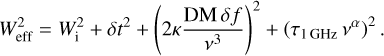 Mathematical equation: $W_{{\rm{eff}}}^2 = W_{\rm{i}}^2 + \delta {t^2} + {\left( {2\kappa {{{\rm{DM}}\delta f} \over {{v^3}}}} \right)^2} + {\left( {{\tau _{1{\rm{GH}}z}}{v^\alpha }} \right)^2}.$