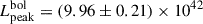 Mathematical equation: $ L_{\mathrm{peak}}^{\mathrm{bol}} = (9.96 \pm 0.21) \times 10^{42} $