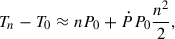Mathematical equation: $$ \begin{aligned} T_n - T_0 \approx nP_0 + \dot{P}P_0\frac{n^2}{2}, \end{aligned} $$