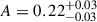 Mathematical equation: $ A = 0.22^{+0.03}_{-0.03} $