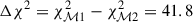 Mathematical equation: $ \Delta\chi^2 = \chi^{2}_{\mathcal{M}1} - \chi^{2}_{\mathcal{M}2} = 41.8 $