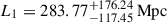 Mathematical equation: $ L_1 = 283.77^{+176.24}_{-117.45}\,\mathrm{Mpc} $