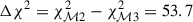 Mathematical equation: $ \Delta\chi^2 = \chi^{2}_{\mathcal{M}2} - \chi^{2}_{\mathcal{M}3} = 53.7 $