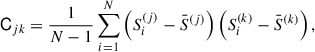 Mathematical equation: $$ \begin{aligned} \mathsf C _{jk}&= \frac{1}{N - 1} \sum _{i = 1}^N \left( S_i^{(j)} - \bar{S}^{(j)} \right) \left( S_i^{(k)} - \bar{S}^{(k)} \right), \end{aligned} $$
