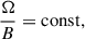 Mathematical equation: $$ \begin{aligned} \frac{\Omega }{B} = \mathrm{const}, \end{aligned} $$