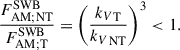 Mathematical equation: $$ \begin{aligned} \frac{F_{\rm AM;NT}^\mathrm{SWB}}{F_{\rm AM;T}^\mathrm{SWB}}=\left(\frac{{k_V}_{\rm T}}{{k_V}_{\rm NT}}\right)^3 < 1. \end{aligned} $$