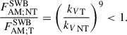 Mathematical equation: $$ \begin{aligned} \frac{F_{\rm AM;NT}^\mathrm{SWB}}{F_{\rm AM;T}^\mathrm{SWB}}=\left(\frac{{k_{V}}_{\rm T}}{{k_{V}}_{\rm NT}}\right)^9 < 1. \end{aligned} $$