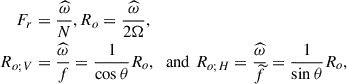 Mathematical equation: $$ \begin{aligned} F_r&=\frac{\widehat{\omega }}{N}, R_{o}=\frac{\widehat{\omega }}{2\Omega },\nonumber \\ R_{o;V}&=\frac{{\widehat{\omega }}}{f}=\frac{1}{\cos \theta }R_{o},\,\,\text{ and}\,\,R_{o;H}=\frac{{\widehat{\omega }}}{\widetilde{f}}=\frac{1}{\sin \theta }R_{o}, \end{aligned} $$