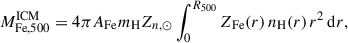 Mathematical equation: $$ \begin{aligned} M_{\mathrm{Fe,500} }^{\mathrm{ICM} } = 4 \pi A_{\mathrm{Fe} } m_{\mathrm{H} } Z_{n,\odot } \int _0^{R_{500}} Z_{\mathrm{Fe} }(r)\, n_{\mathrm{H} }(r)\, r^2\, \mathrm{d} r, \end{aligned} $$