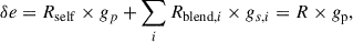 Mathematical equation: $$ \begin{aligned} \delta e = R_{\rm self} \times g_p + \sum _i R_{\mathrm{blend}, i} \times g_{s,i} = R\times g_{\rm p} , \end{aligned} $$