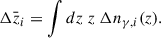 Mathematical equation: $$ \begin{aligned} \Delta \bar{z}_i = \int dz\ z\ \Delta n_{\gamma , i}(z). \end{aligned} $$