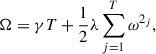 Mathematical equation: $$ \begin{aligned} \Omega = \gamma T + \frac{1}{2} \lambda \sum _{j=1}^{T} \omega ^{2_{j}}, \end{aligned} $$