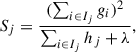Mathematical equation: $$ \begin{aligned} S_j = \frac{(\sum _{i \in I_{j}} g_{i})^{2}}{\sum _{i \in I_{j}} h_{j} + \lambda }, \end{aligned} $$