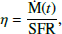 Mathematical equation: $$ \begin{aligned} \eta = \frac{\mathrm{{\dot{M}}} (t)}{\mathrm{{SFR}}} ,\end{aligned} $$