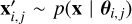 Mathematical equation: $\[\mathbf{x}_{i, j}^{\prime} \sim p\left(\mathbf{x} \mid \boldsymbol{\theta}_{i, j}\right)\]$