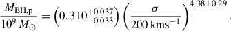 Mathematical equation: $$ \begin{aligned} \frac{M_{\rm BH,p}}{10^9 \,M_\odot } = \left(0.310^{+0.037}_{-0.033}\right)\left(\frac{\sigma }{200\,\mathrm{km s} ^{-1}}\right)^{4.38\pm 0.29}. \end{aligned} $$