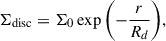 Mathematical equation: $$ \begin{aligned} \Sigma _{\rm disc}=\Sigma _0 \exp {\left(-\frac{r}{R_d}\right)}, \end{aligned} $$
