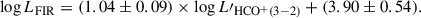 Mathematical equation: $$ \begin{aligned} \log L_{\rm FIR} = (1.04\pm 0.09) \times \log L\prime _{\rm HCO^+(3{-}2)} + (3.90\pm 0.54). \end{aligned} $$