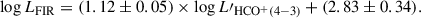 Mathematical equation: $$ \begin{aligned} \log L_{\rm FIR} = (1.12\pm 0.05) \times \log L\prime _{\rm HCO^+(4{-}3)} + (2.83\pm 0.34). \end{aligned} $$