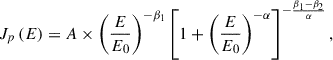 Mathematical equation: $$ \begin{aligned} J_p\left(E\right) = A\times \left(\frac{E}{E_0}\right)^{-\beta _1}\left[1+\left(\frac{E}{E_0}\right)^{-\alpha }\right]^{-\frac{\beta _1-\beta _2}{\alpha }}, \end{aligned} $$